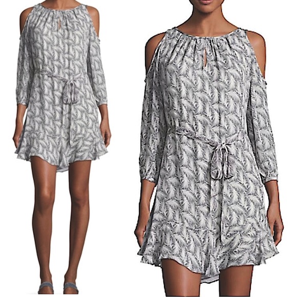 Joie Isaline Feather Cold Shoulder Mini Dress Gray White Print Silk Tie Belt XXS - Picture 3 of 15